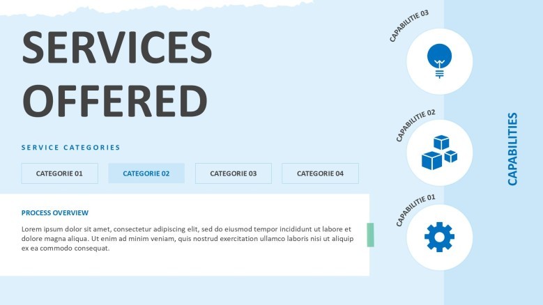 A Services Offered slide for a creative freelancer presentation, featuring three clean sections with icons to display service categories and capabilities.