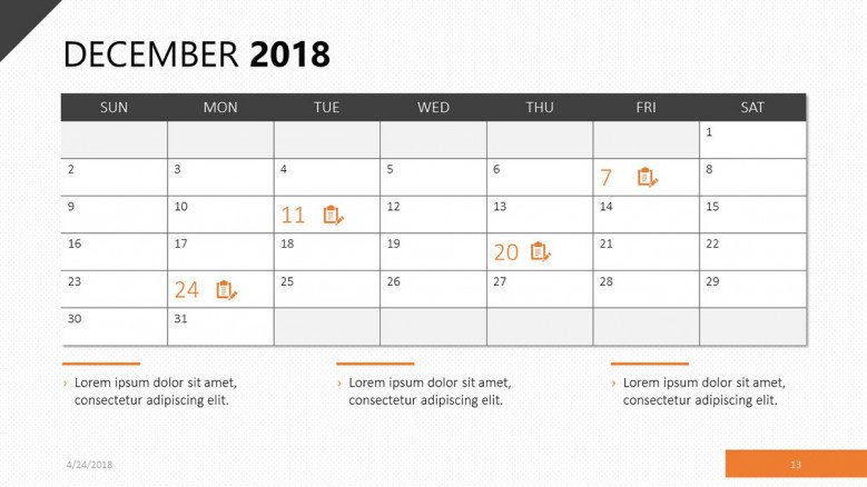 Calendar for December 2018 in orange theme