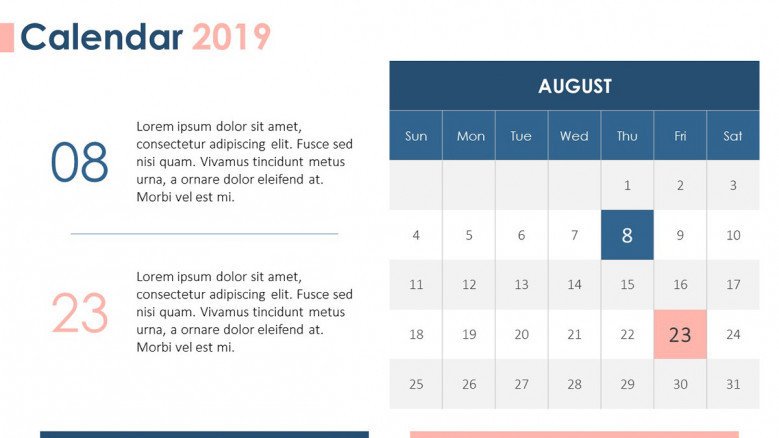 2019 calendar august with description text