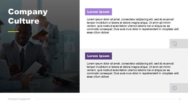 Company Culture PowerPoint Slide with a team illustration in yellow and purple colors