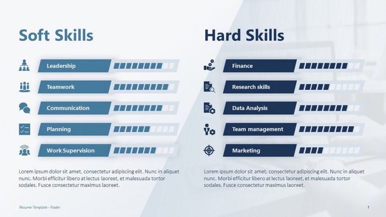 Hard and soft skills slide for a creative resume presentation with little blue icons