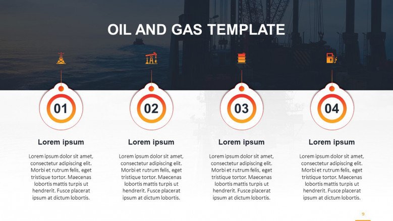 Four-stages process timeline with oil and gas icons