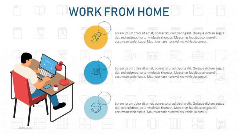 Work from home text slide featuring a remote workspace