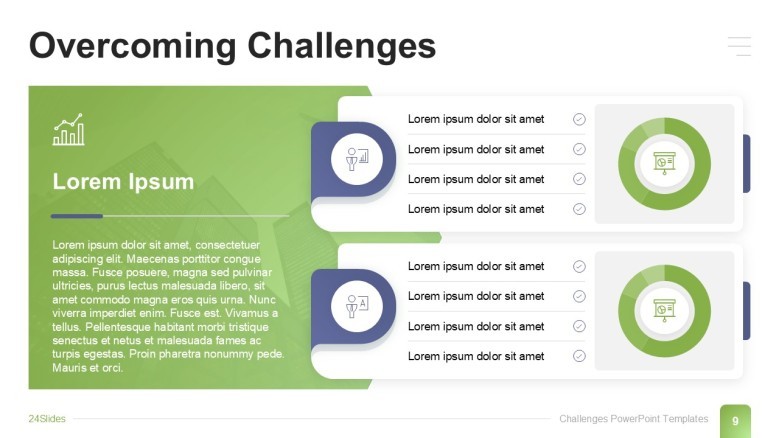 Overcoming Challenges PowerPoint Slide featuting circle charts