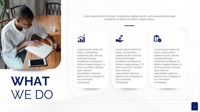Creative slide with three boxes for a Pitchbook presentation
