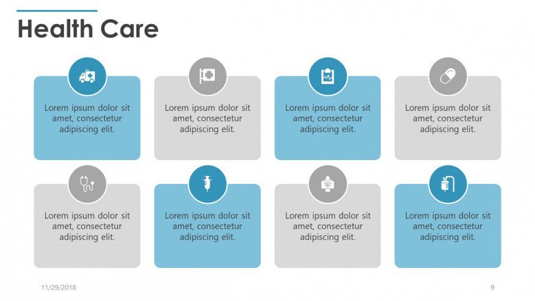 eight key factors in healthcare with text boxes