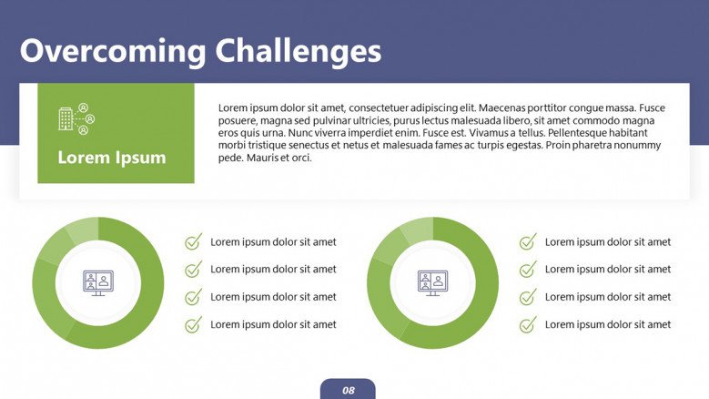 Overcoming Challenges PowerPoint Slide featuting circle charts