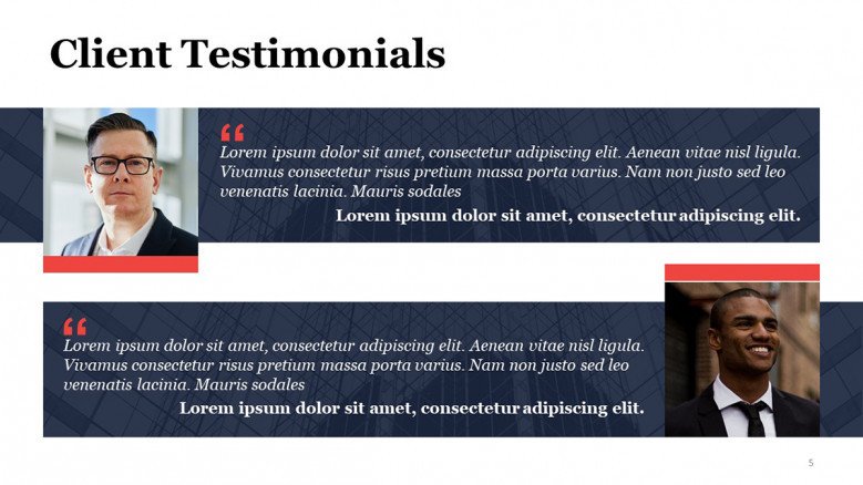 Client Testimonial in dark-themed slides