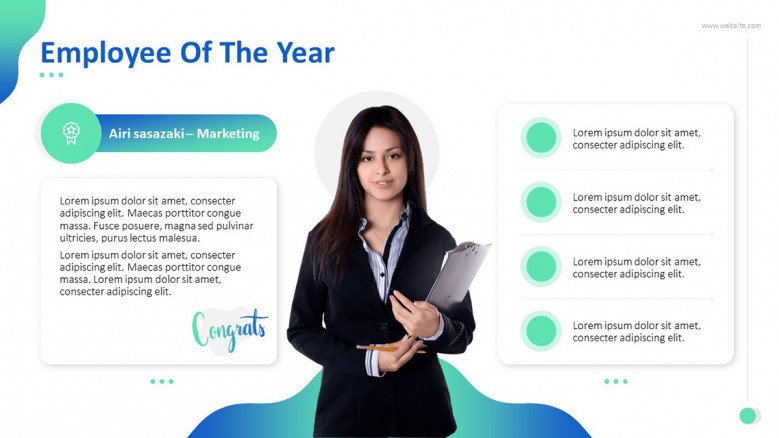 "Employee of the Year' congratulatory slide with key highlights in bulletpoint and picture
