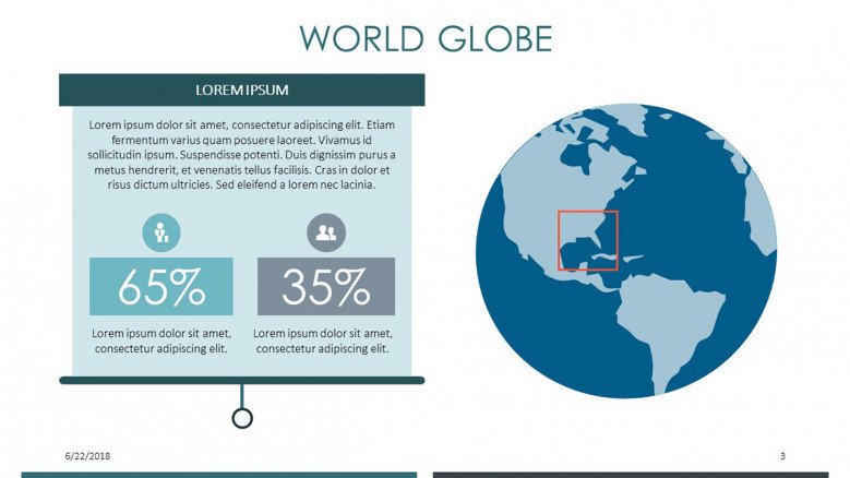world globe slide with compared two data percentage and text