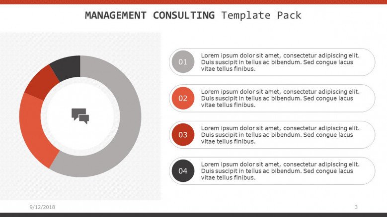 management consulting slide with pie chart and data percentage and listed text