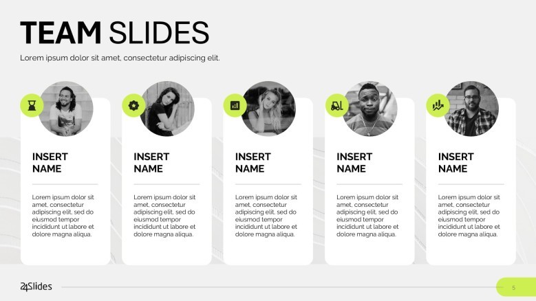 team slide for profile presentation in five column with circle icons