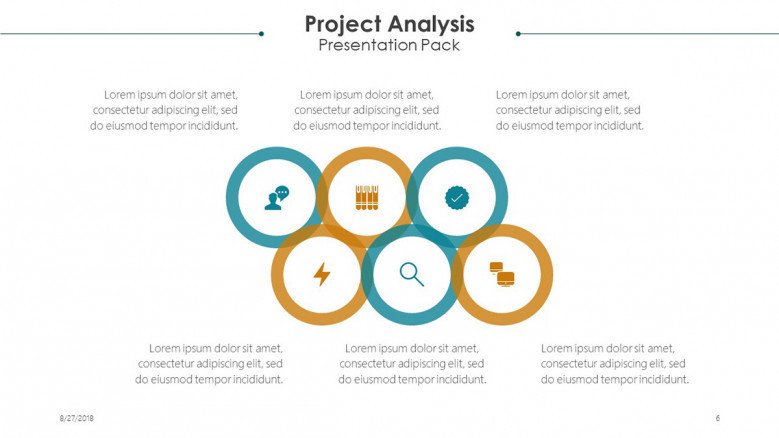 project analysis slide in six circle icons diagram with text