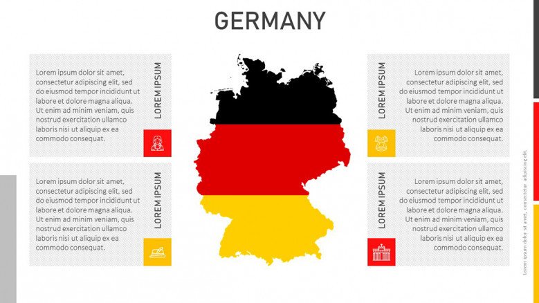 Germany Flag map with four text boxes and icons