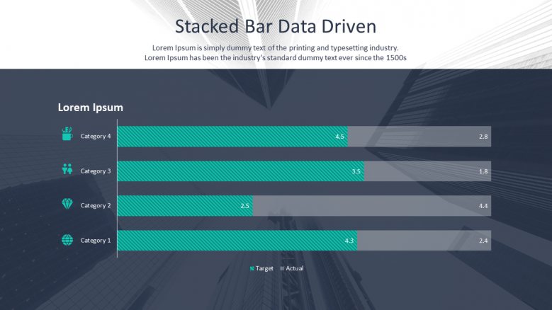 stacked bar data driven slide in four segments for corporate data presentation