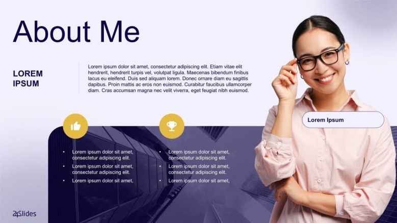 individual about me description slide with text