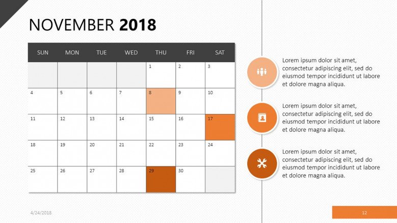 Calendar for November 2018 in orange theme