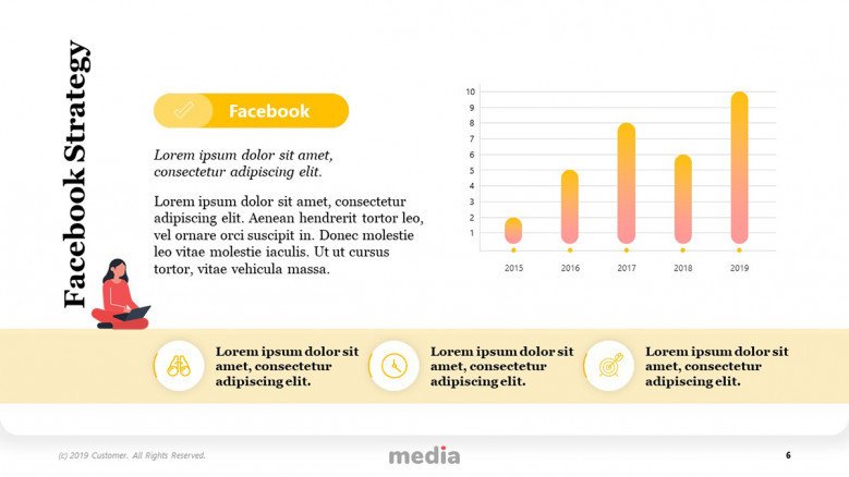Facebook Strategy Template with column chart and playful icons