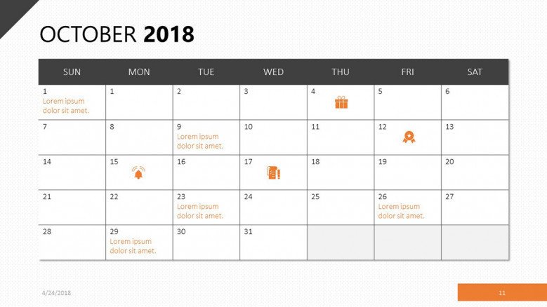 Calendar for October 2018 in orange theme
