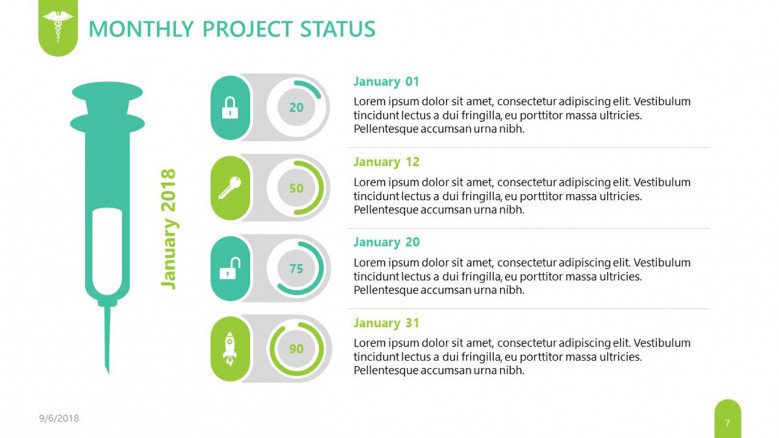 monthly project status slide for pharmaceutical presentation with illustration and text