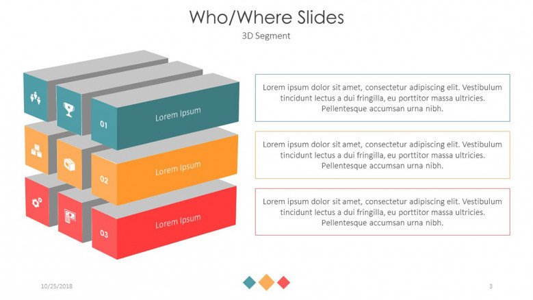 who and where slides in three 3D blocks segments and texts
