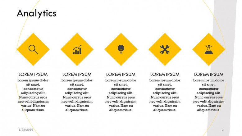 key factors in analytic presentation with icons and text column