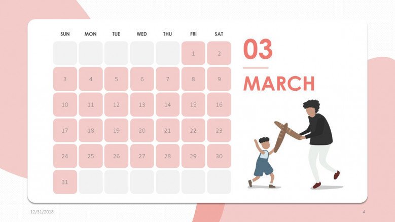 2019 calendar march in creative style with illustration