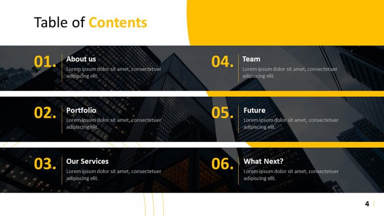 Black and yellow Table of Contents Slide