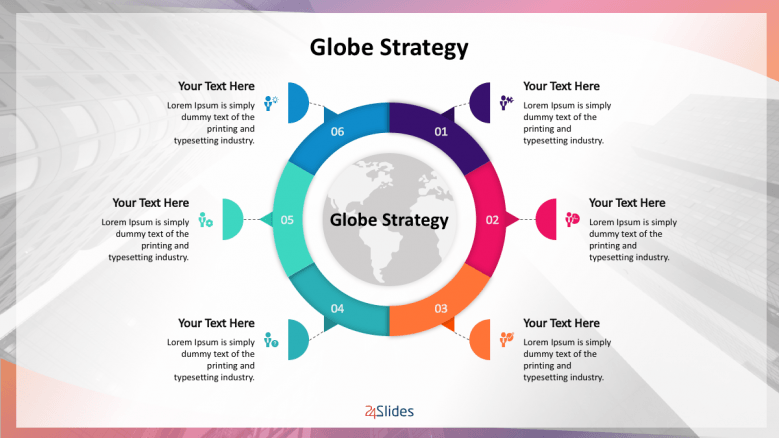 Colorful globe management strategy with 6 text sections