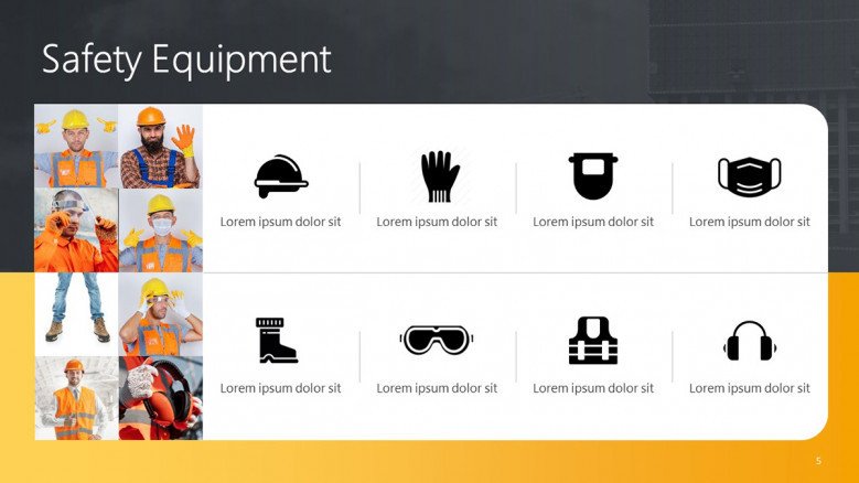 Construction Safety Equipment PowerPoint Slide with icons and images