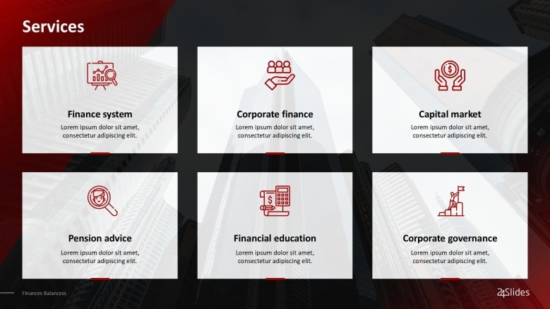business service slide in six key factors with icon and text
