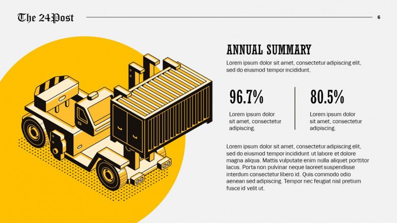 Creative text slide with logistics illustrations and percentages