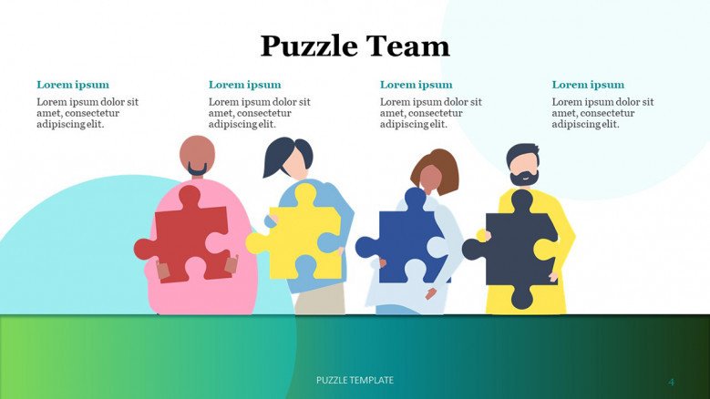 Meet the team slide with red, yellow, blue and grey jigsaw puzzle pieces illustrations