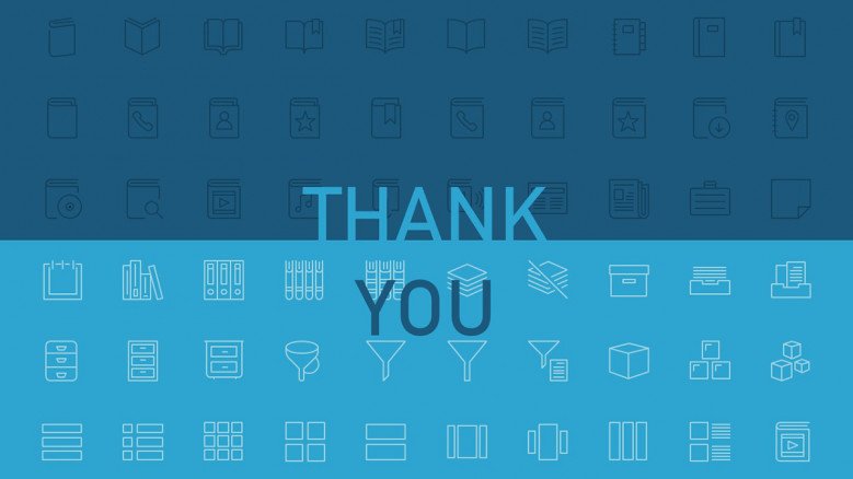 Blue thank you slide with work-related icons as background
