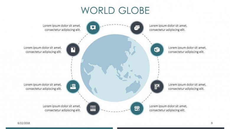 cycle chart in world globe slide with icons and text