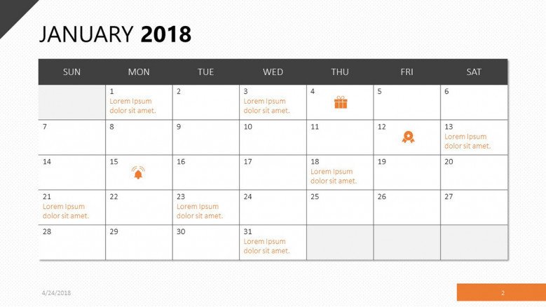 A calendar slide in orange for January 2018