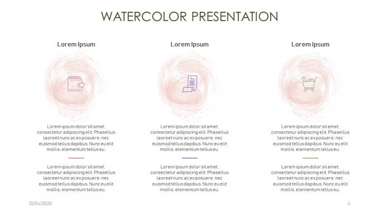 Stylish Three-column slide with watercolor icons