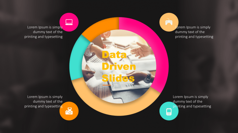 Data Driven slide with black background and 4 sections