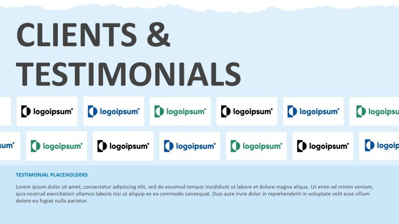A Clients and Testimonials slide for a freelancer presentation, featuring a clean layout for client logos and placeholder text for professional reviews.