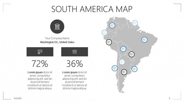 south america map slide with data percentage and text