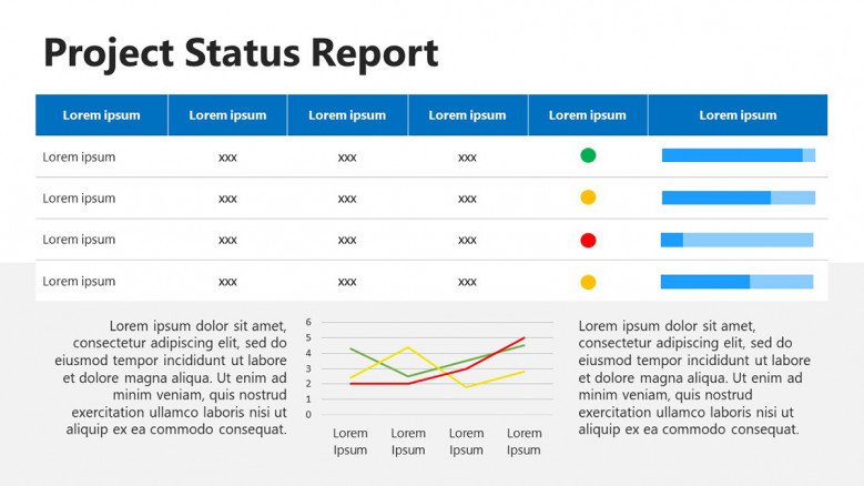 Project Status Report PowerPoint Slide with table and progress bars