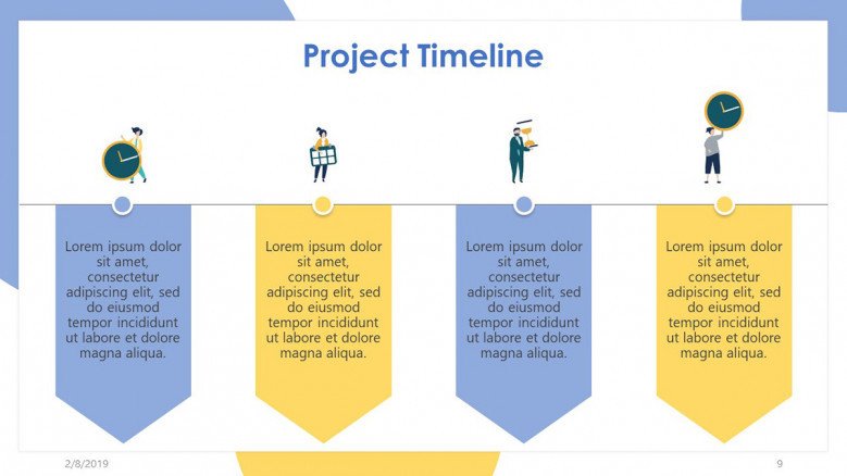 project timeline slide in four description box with illustration