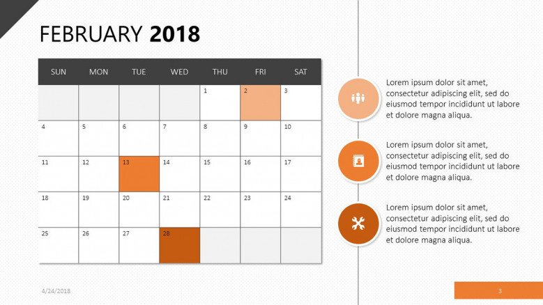 A February 2018 slide in orange with calender