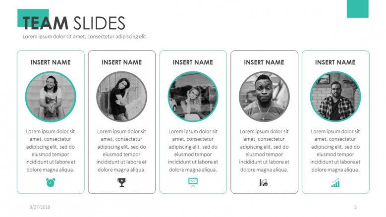 team slide for profile presentation in five column with circle icons