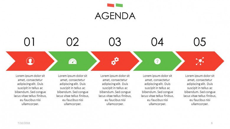 agenda slide in process chart with icons and description text