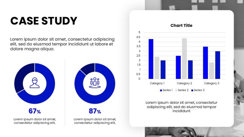 Case Study benefits Slide for hard data with data-driven pie charts and column charts