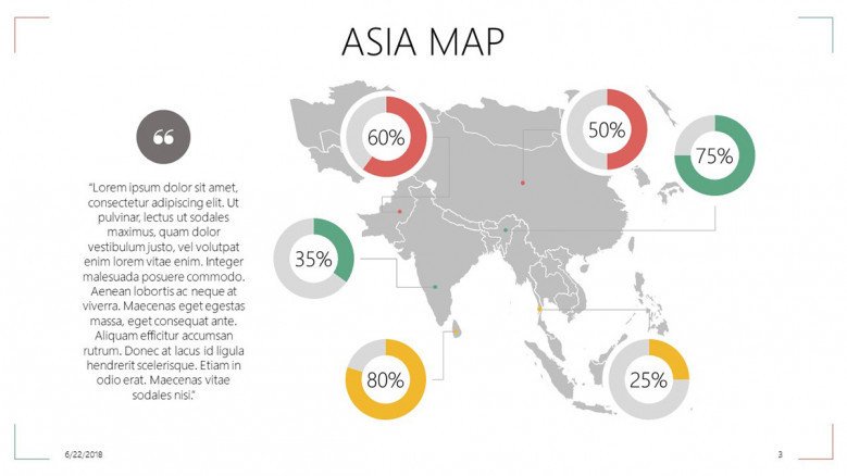 Asia map with data percentage in circle chart and description text