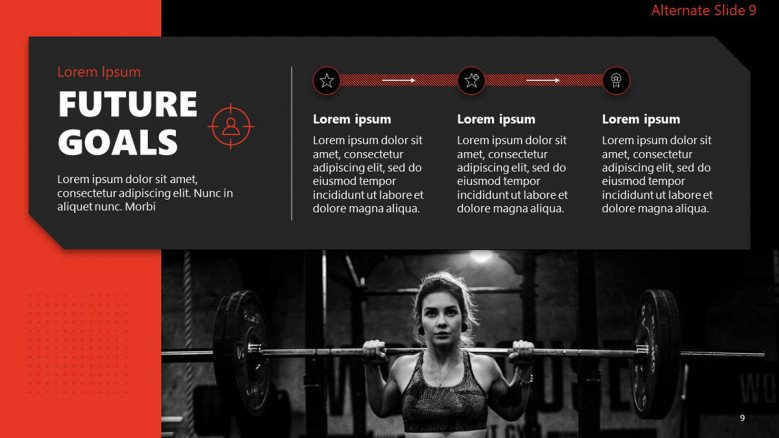 Gym Business Goals Slide with woman lifting weights in gray tones