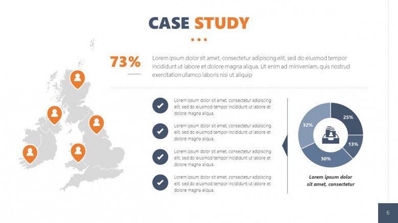 Client Case Study Slide with gray world map and blue data-driven pie chart in corporate style