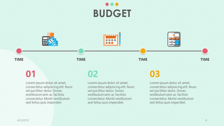 playful timeline chart for budget presentation in three points with icon and text